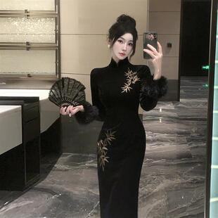 复古国风气质金竹刺绣毛毛袖 立领开叉黑色连衣裙 口改良旗袍新中式
