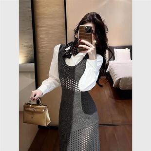 灰色针织裙2026早春大方得体绝美巨好看气质高级感叠穿衬衫两件套