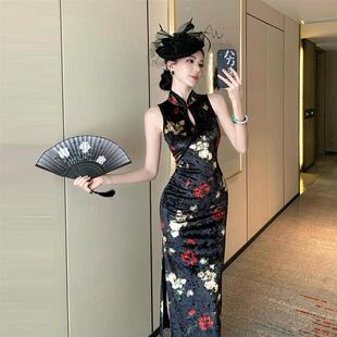 开叉套头花色连衣裙潮 镂空包臀气质修身 复古风新中式 丝绒印花无袖