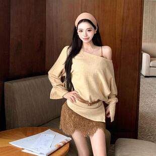 上衣内搭蕾丝包臀叠穿吊带连衣裙套装 针织衫 辣妹斜肩百搭长袖 美式