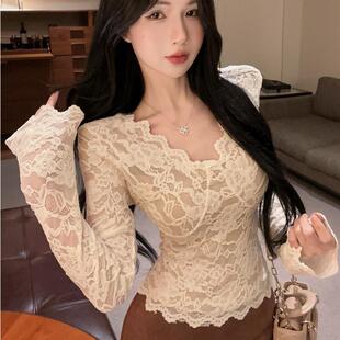 秋冬新款 辣妹设计感小众加绒镂空蕾丝V领性感修身 长袖 打底衫 女装