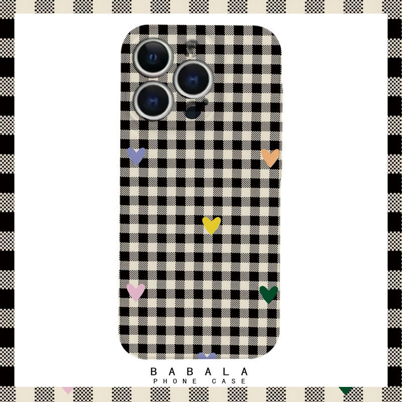简约黑色格纹多彩爱心菲林二合一手机壳适用苹果17nova14华为p70mate60小米15opporeno14vivo荣耀300iPhone16