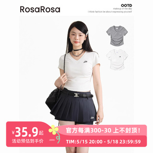 薄款 RosaRosa 2024夏季 修身 白色V领短袖 显瘦收腰设计正肩T恤女