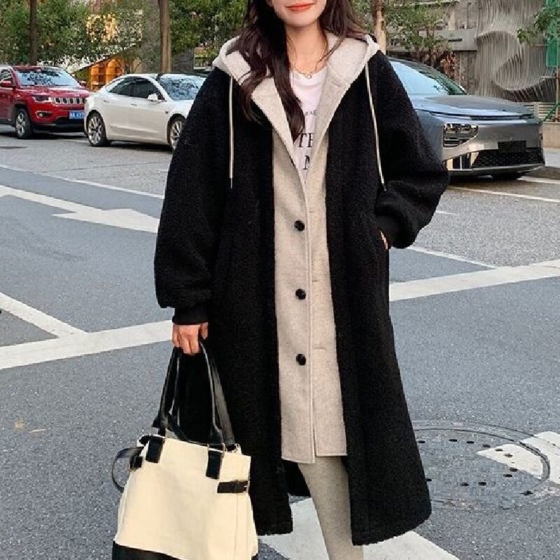 韩版chic2025秋冬新款长款连帽裙外套羊羔绒百搭宽松时尚外套ins
