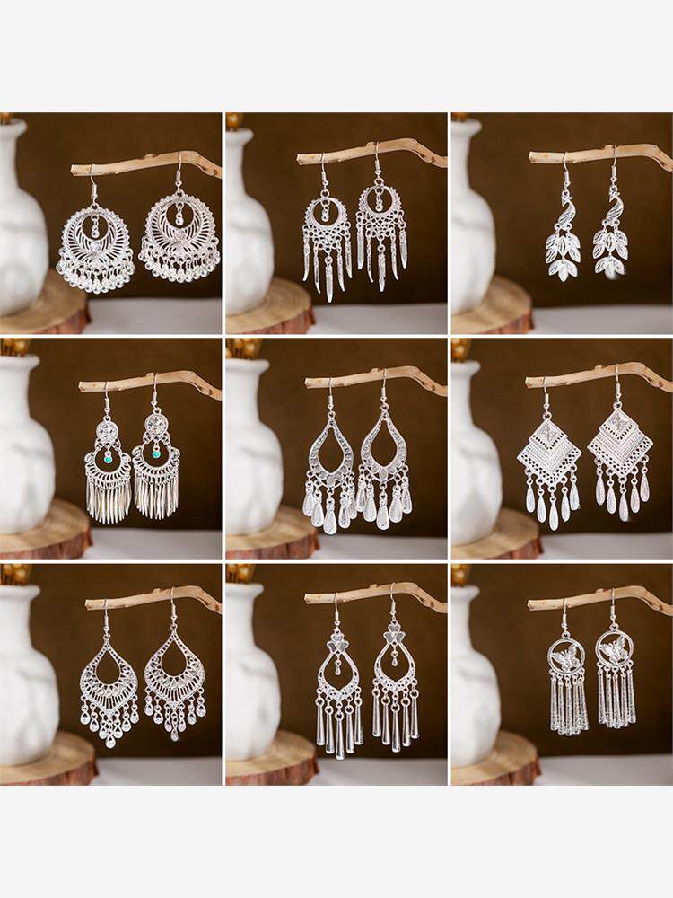 仿苗银耳环少数民族风孔雀铃铛流苏耳坠镂空树叶苗族苗疆耳饰