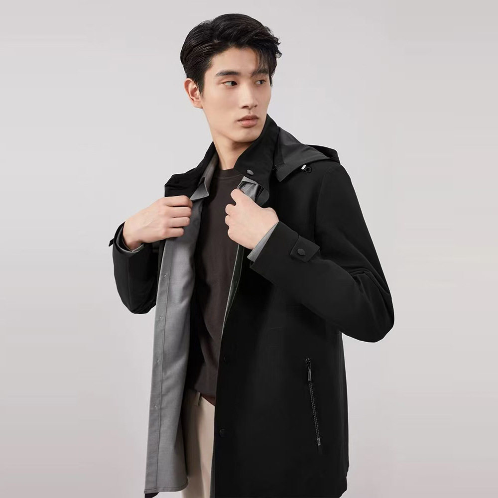 H豆商务经典可脱卸帽风衣男士短款爽滑顺垂防风压胶简约休闲外套