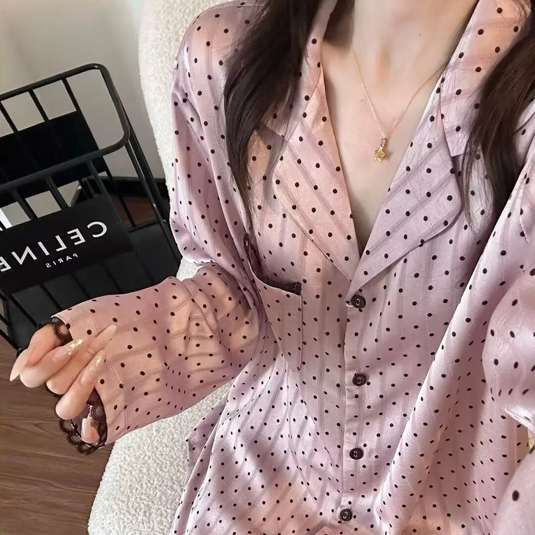 秋季法式冰雪丝波点睡衣套装女