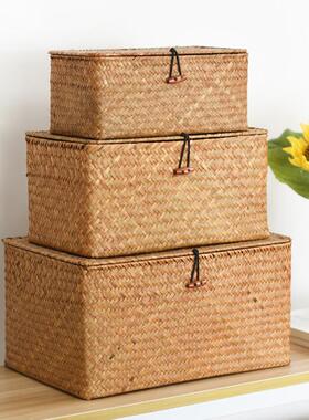 竹篮编织筐竹筐海草竹编收纳盒竹箱子复古篮筐藤编竹盒子草编收纳