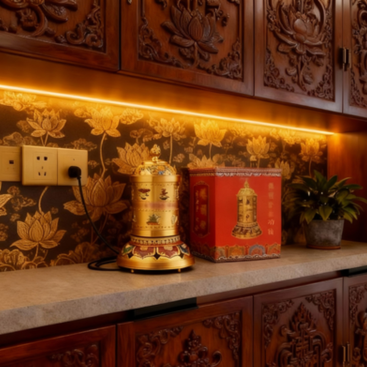 彩绘铜合金八吉祥电动蓝牙插电款转轮曼茶罗转动筒桌面装饰品摆件