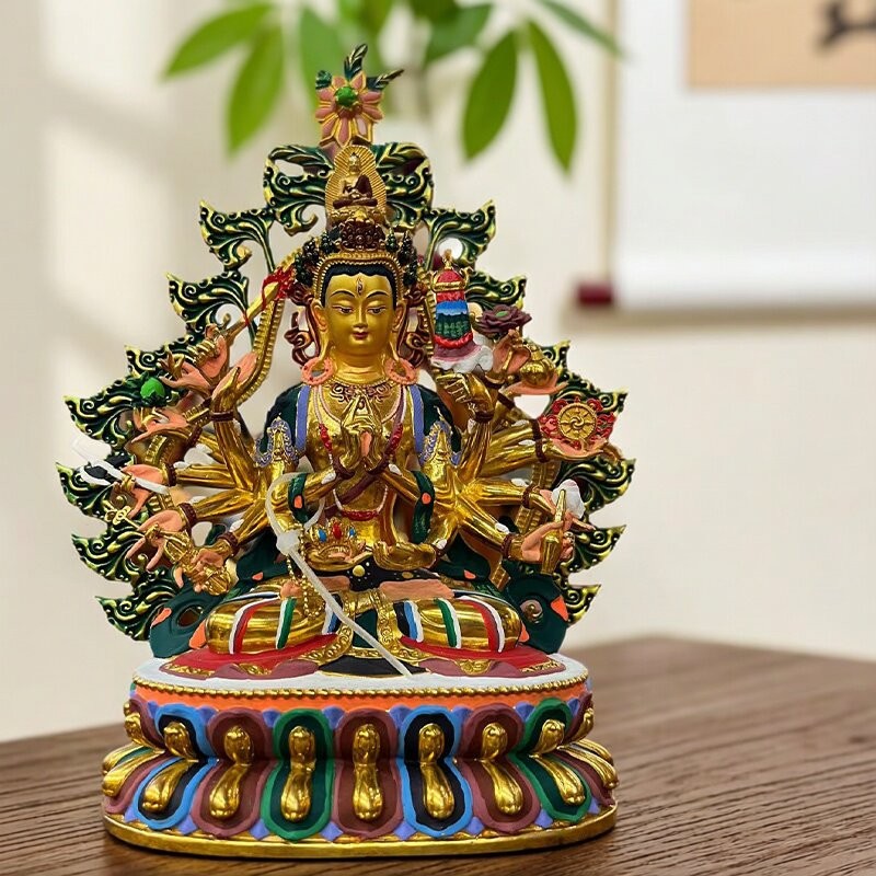 精工铜制彩绘准提佛母佛像密宗黄铜鎏金彩绘准提菩萨佛堂供奉摆件