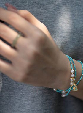 天然绿度母绿松石珍珠手链