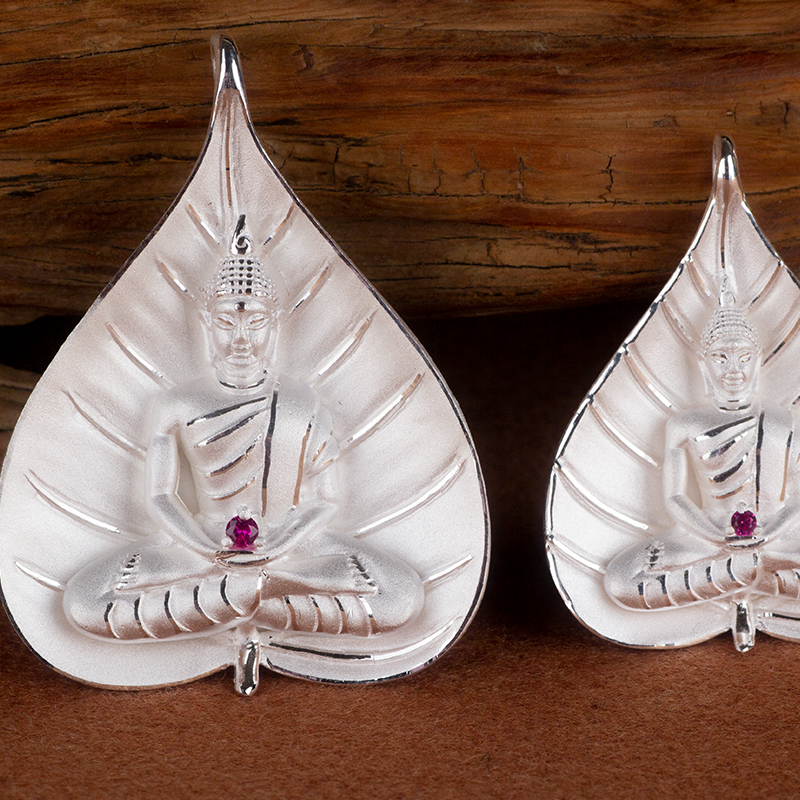 99足银佛牌一叶菩提释迦牟尼佛牌纯银吊坠菩提叶挂件男女同款