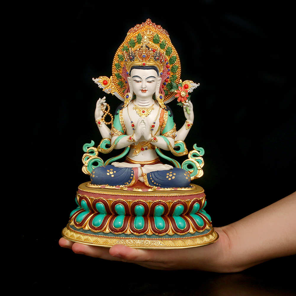 尼泊尔工艺纯铜鎏金四臂观音佛像居家供奉随身彩绘小佛像装饰摆件