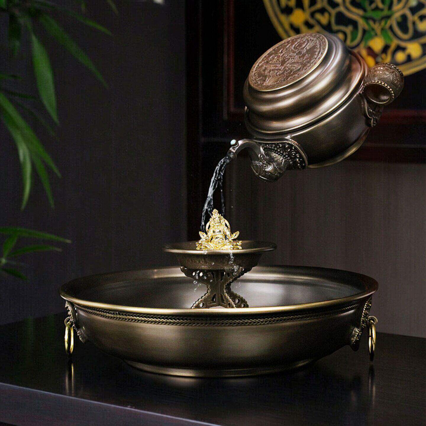 慧宝黄铜水陆供盘七支供朵玛盘朵玛壶碟盘支架净水宝壶套装摆件