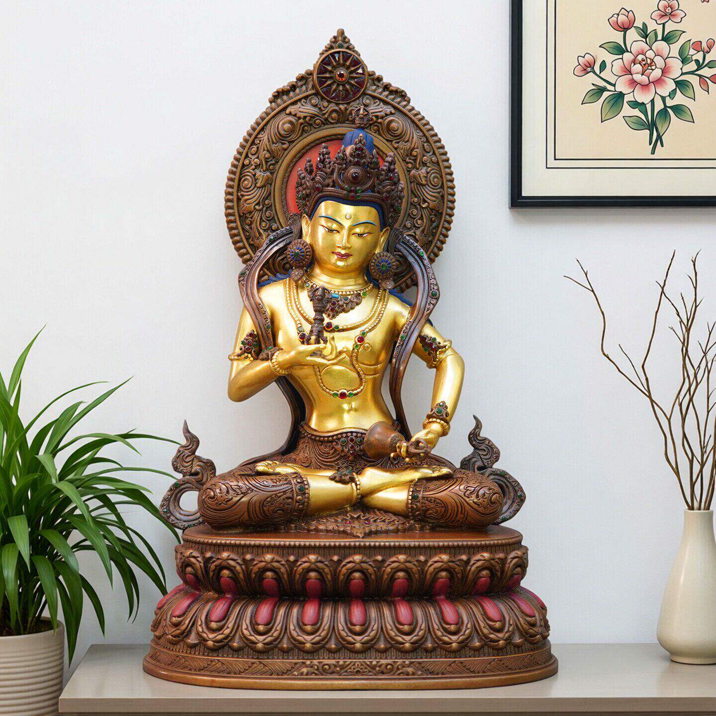 尼泊尔工艺紫铜鎏24k真金金刚萨埵佛像纯铜手工錾刻装饰供奉摆件