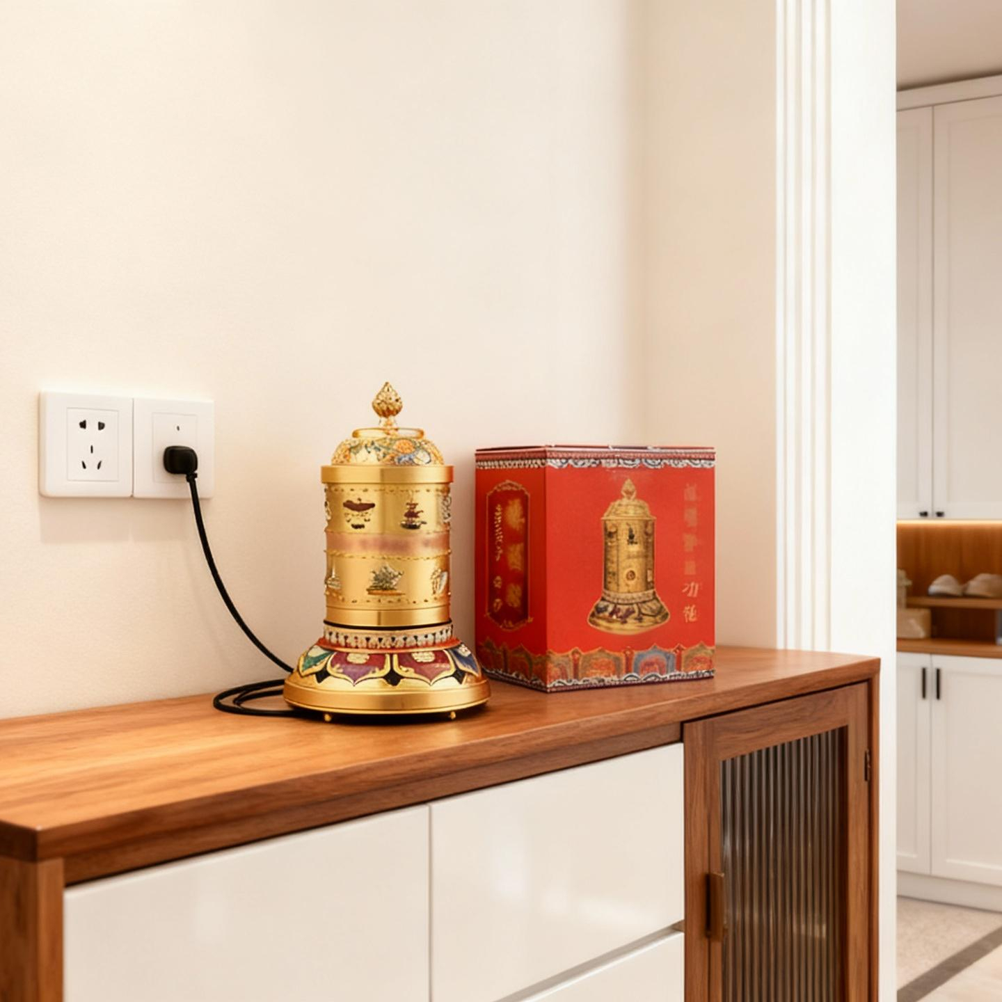 曼茶罗转动轮铜合金彩绘八吉祥电动蓝牙插电款转轮桌面装饰品摆件