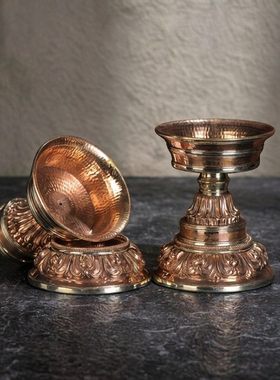 尼泊尔工艺加厚款手工锤纹紫铜酥油灯座蜡烛台长明灯座摆件供灯座