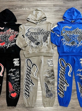 美潮 MIXED EMOTION字母印花水洗做旧高街宽松男女卫衣束脚裤套装