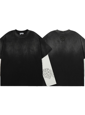 美潮Mertra街头嘻哈洗水做旧拼接长袖T恤春秋男女高街潮流打底衫