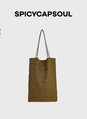 【费尔岛】SpicyCapSoul原创日系双面羊毛呢子格纹单肩布袋托特包
