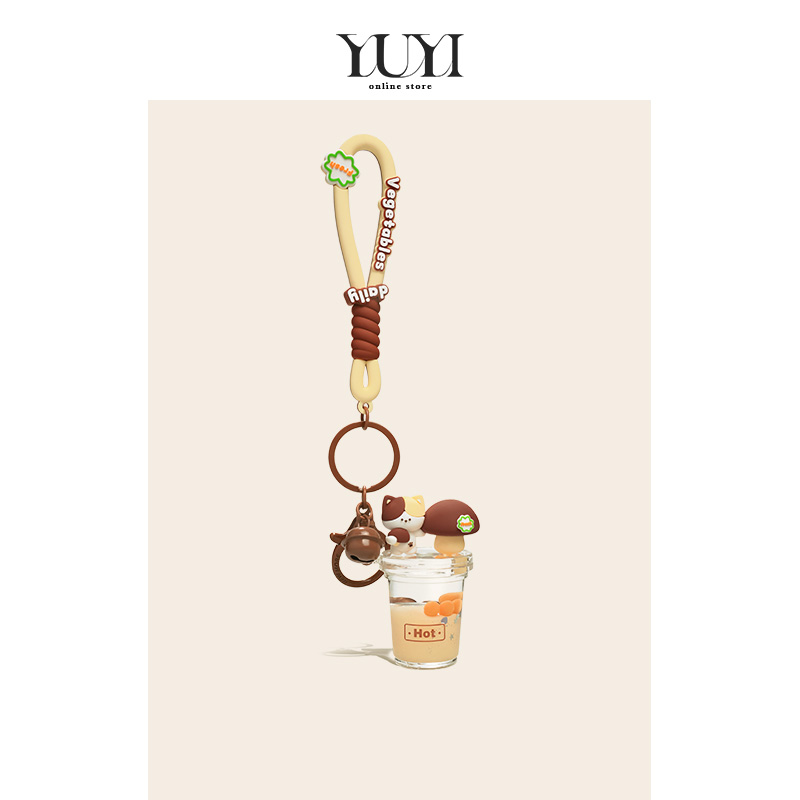 YUYI 原创小众设计小蘑菇猫咪入油奶茶杯车钥匙扣精致书包包挂件