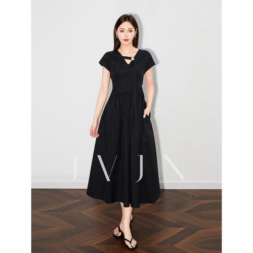 黑色赫本风飘带连衣裙女纯棉