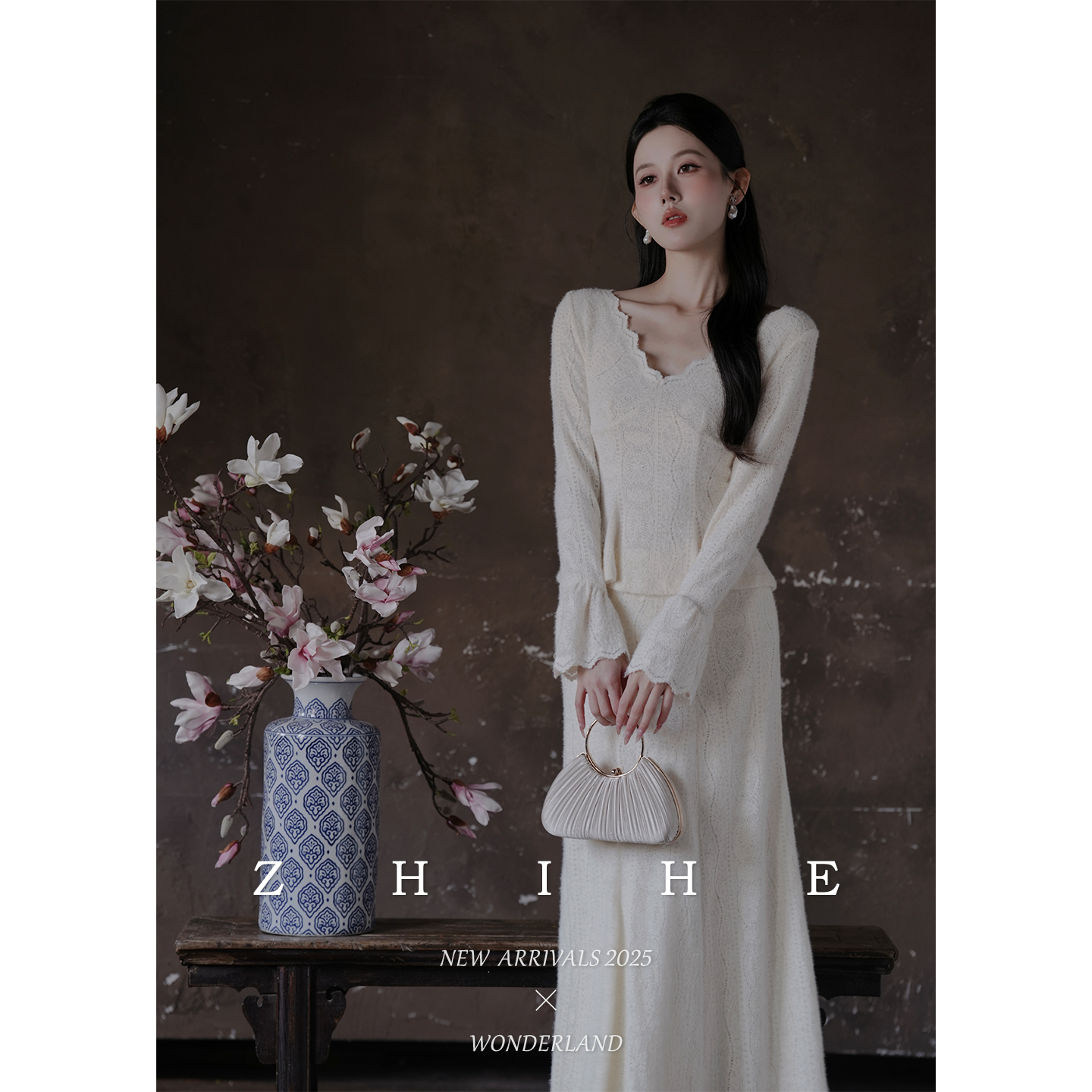 无艳一禾【长亭旧雪】法式V领浪漫蕾丝收腰上衣+半裙