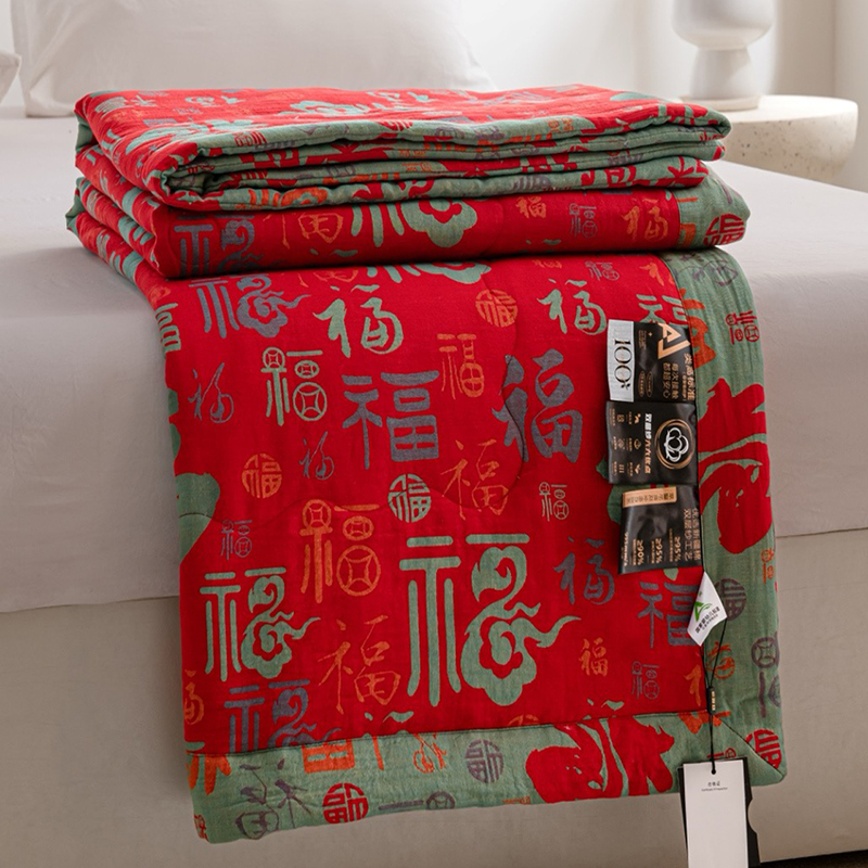 2025新款送妈妈百福被夏凉被空调被夏季双层纱纯棉花纱布喜庆福被