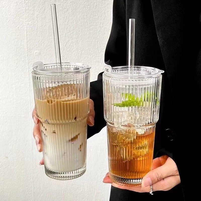 冷饮杯高颜值果汁咖啡杯带盖带吸管竖条纹ins风大容量玻璃杯水杯