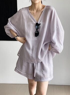 JillZoo重工天丝苎麻套装长袖防晒衬衫＋休闲短裤慵懒风两件套NM