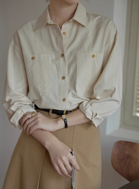 JillZoo大口袋衬衫女早秋2024新款法式复古翻领长袖宽松上衣