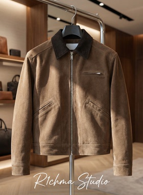 R1chma美式复古翻领底特律夹克男秋冬绒面拉链外套高级感工装外套