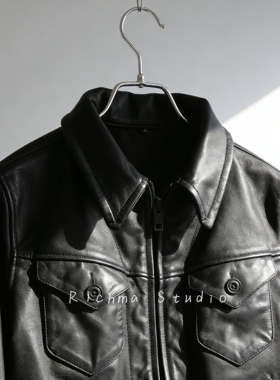 R1chma/RL德华门多萨真皮夹克男士机车全粒面无涂水染小牛皮皮衣