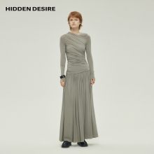 HIDDENDESIRE 早秋不规则抽褶肌理长袖修显瘦身连衣裙 6233DL0075