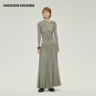 HIDDENDESIRE 6233DL0075 早秋不规则抽褶肌理长袖 修显瘦身连衣裙