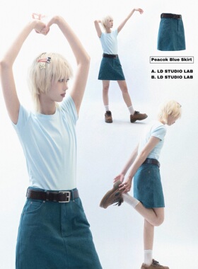 原创复古孔雀蓝牛仔半身裙学生小个子高腰显瘦A字短裙LDSTUDIOLAB