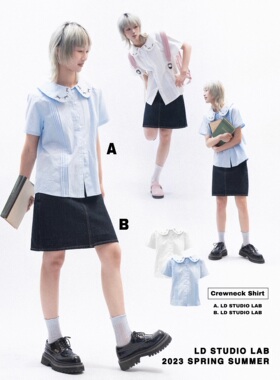 日系复古娃娃领蝴蝶结丝带刺绣衬衫小个子修身短袖衬衣 LD STUDIO