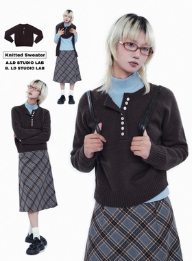 LDSTUDIOLAB原创 日系复古针织套头纽扣圆领毛衣上衣棕色秋冬慵懒