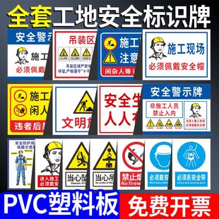 工地安全标识牌施工现场安全警示标志佩戴安全帽生产请勿靠近基坑