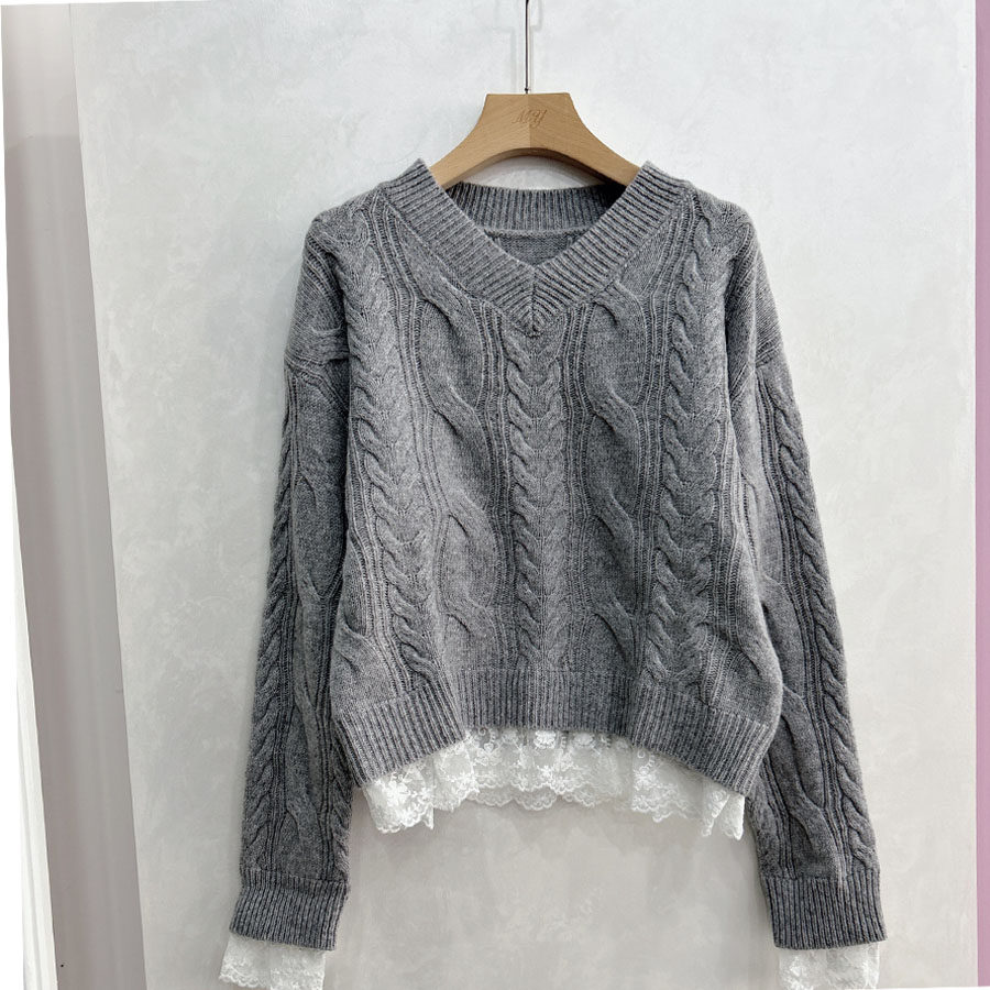 日系26春装复古麻花100绵羊毛小个子毛衣女套头v领宽松灰色针织衫