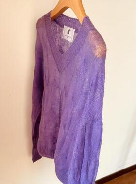 法式25春装复古麻花紫色马海毛毛衣女v领宽松显瘦微透羊毛针织衫