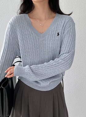 韩式26春装百搭V领麻花针织衫女宽松套头长袖薄款蓝色羊毛毛衣潮