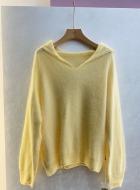 韩国25秋冬拉绒羊毛羊绒软糯毛衣女套头连帽宽松松弛鹅黄色针织衫