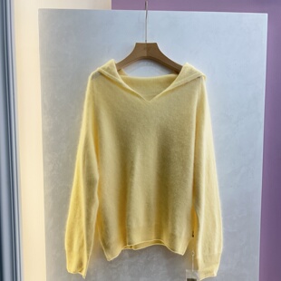 韩国春装拉绒羊毛羊绒软糯毛衣女套头连帽宽松松弛鹅黄色针织衫潮