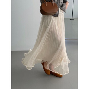 重工压褶网纱A字半身裙女韩系2026春装长裙垂感仙女风气质飘逸裙