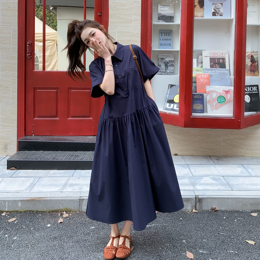 藏青色长款a字连衣裙女2025夏季新款韩版大码宽松遮肉显瘦衬衫裙，女装连衣裙，浙宝225A