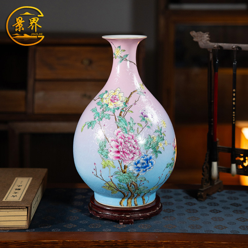 景德镇陶瓷高端扒花手绘牡丹花瓶客厅玄关办公室中式装饰插花摆件