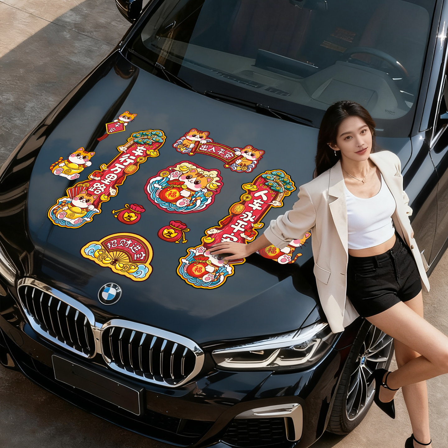 2026车贴春节汽车对联新年财神爷国潮招财猫创意磁吸装饰过年卡通