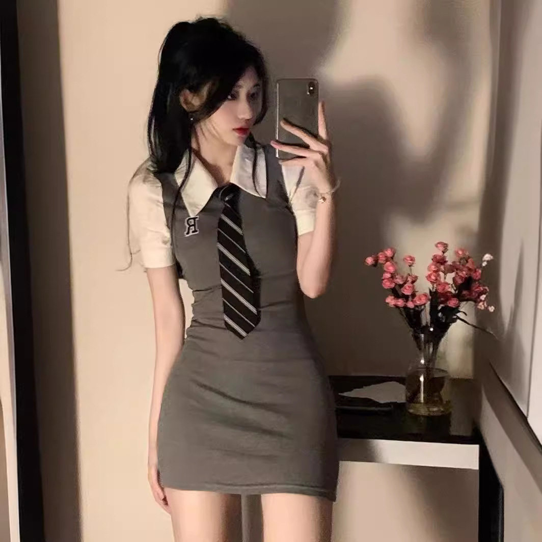 jk纯欲polo领带假两件短袖收腰显瘦修身紧包臀学院风连衣裙女