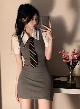 jk纯欲polo领带假两件短袖收腰显瘦修身紧包臀学院风连衣裙女